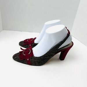 Anne Klein Slingback Heels sz 8 Burgundy Tweed Fringe Buckle Shooes Academia